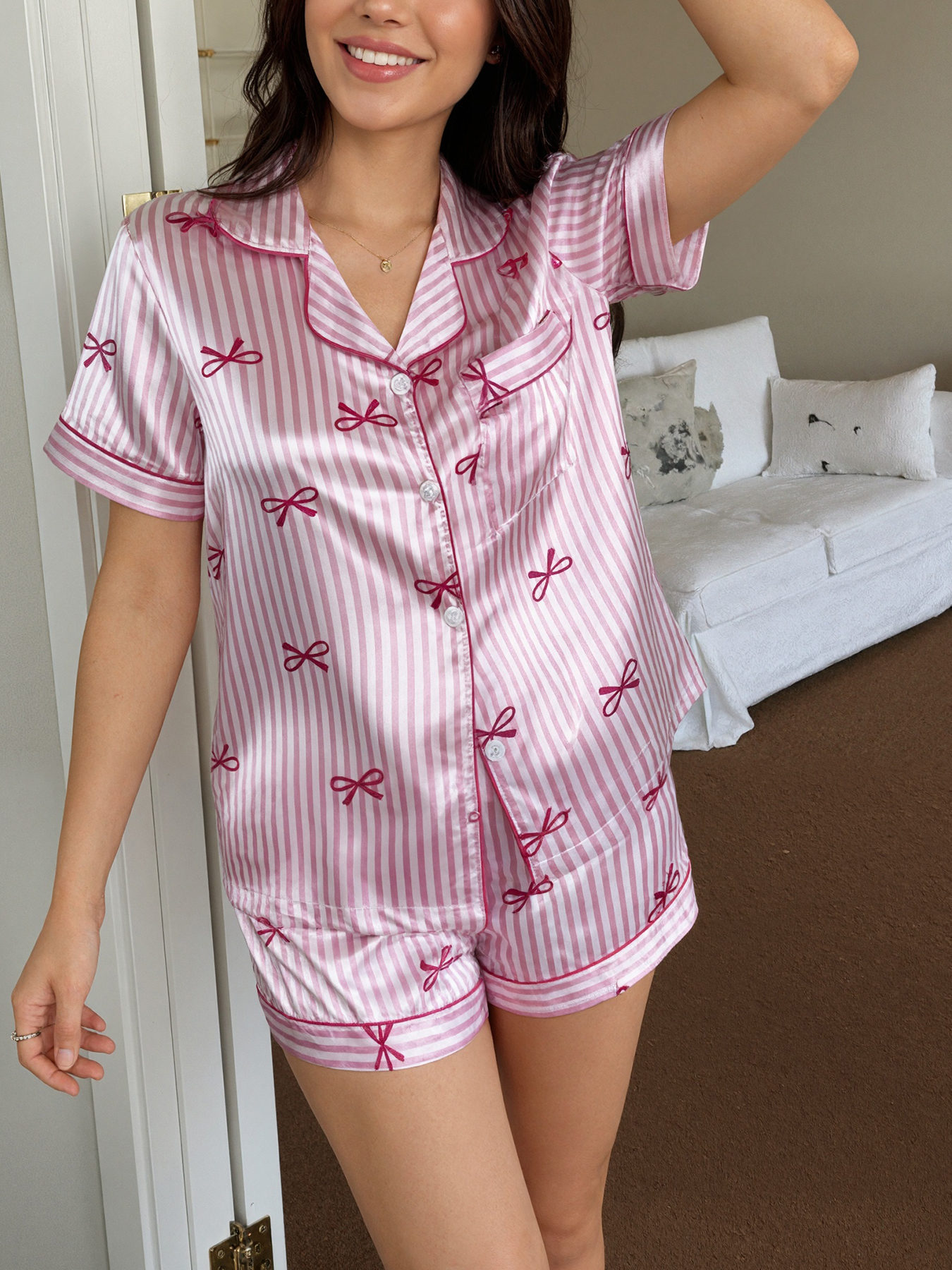 Women Pajamas Set Bow Tie Stri - مراجعة Silk Tie Striped وسعره