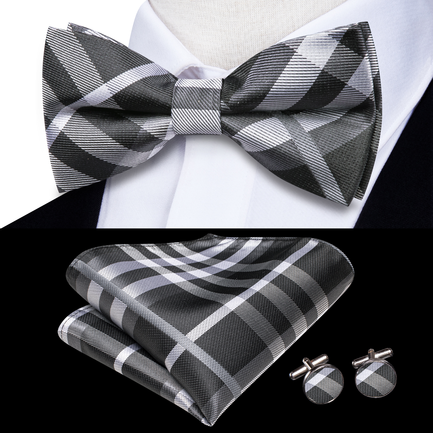 Hi-Tie Grey Plaid Jacquard Sil - مراجعة Bow Tie Pre Tied وسعره