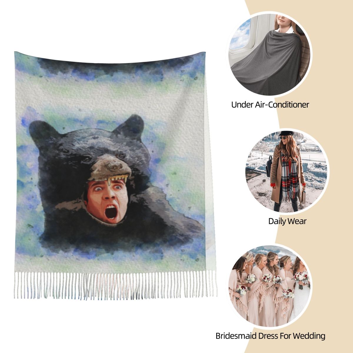 Cage Bear Watercolor Scarf for - مراجعة Pashmina Wrap Large وسعره